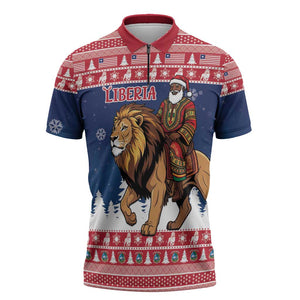 Personalized Liberia Christmas Zipper Polo Shirt Black Santa Riding Lion - Merry Christmas