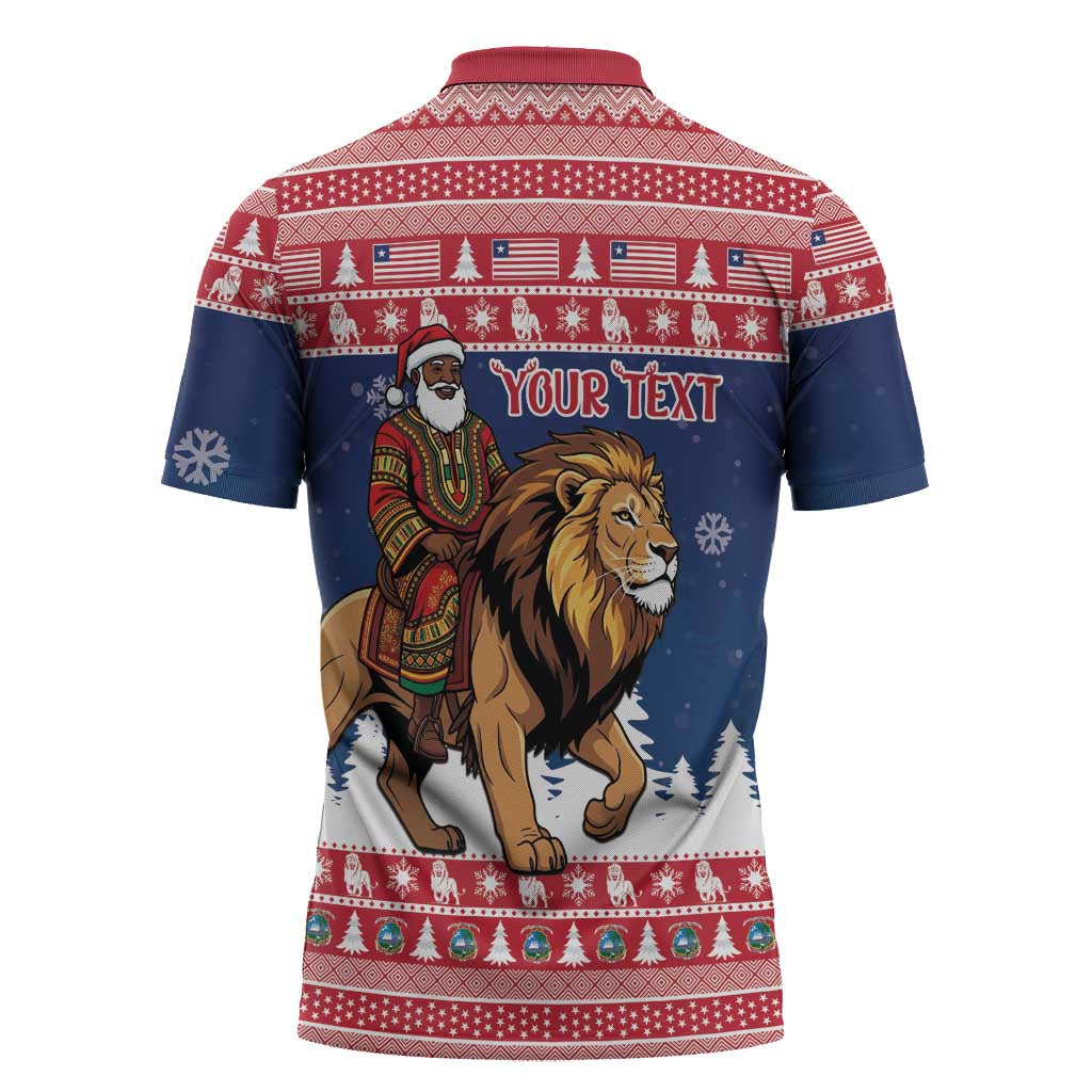 Personalized Liberia Christmas Zipper Polo Shirt Black Santa Riding Lion - Merry Christmas