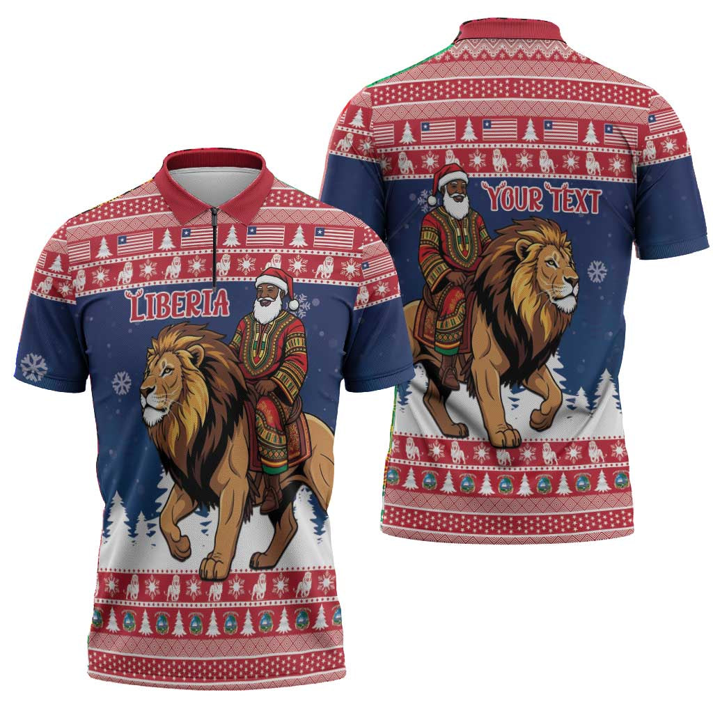 Personalized Liberia Christmas Zipper Polo Shirt Black Santa Riding Lion - Merry Christmas