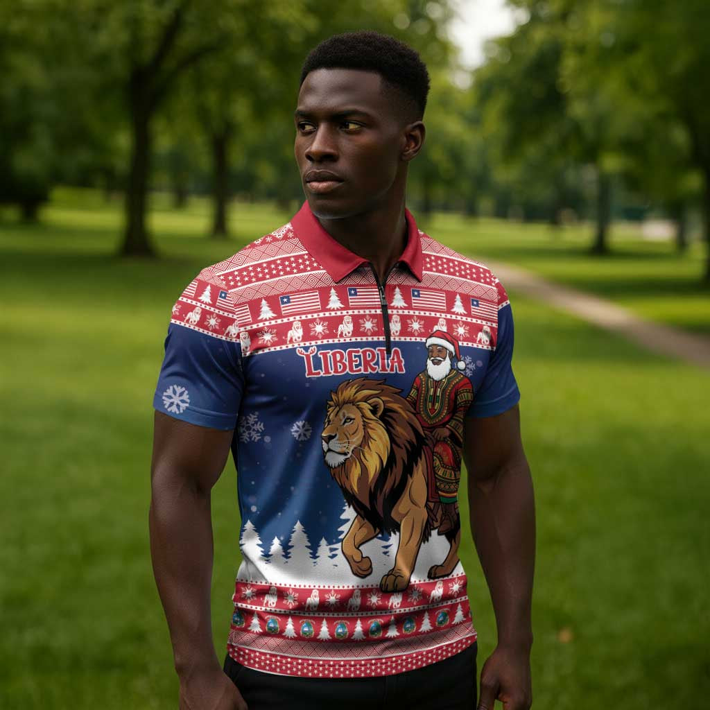 Personalized Liberia Christmas Zipper Polo Shirt Black Santa Riding Lion - Merry Christmas