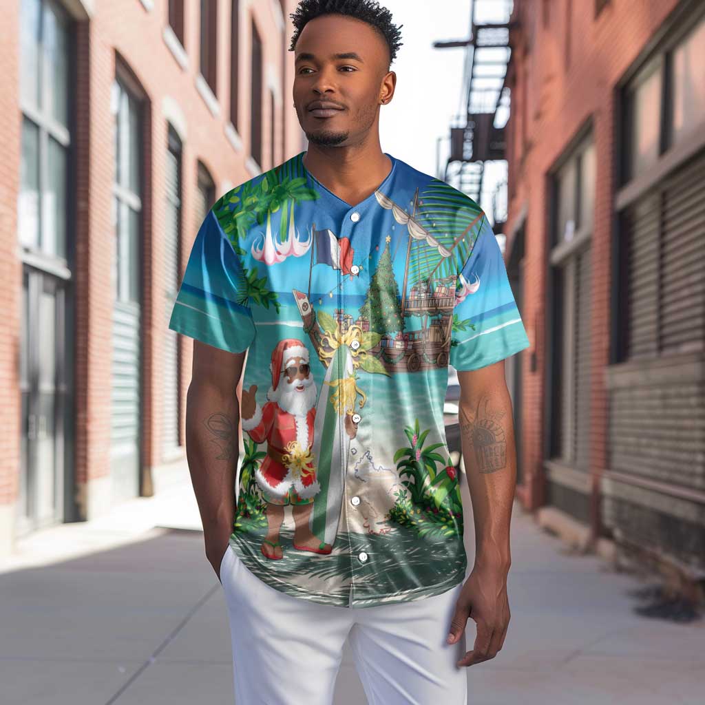 Afro Christmas in Mayotte Baseball Jersey Santa Chill on Tropical Beach - African Pride
