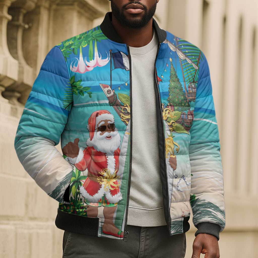 Mayotte Christmas Bomber Puffer Jacket Santa Chill on Tropical Beach