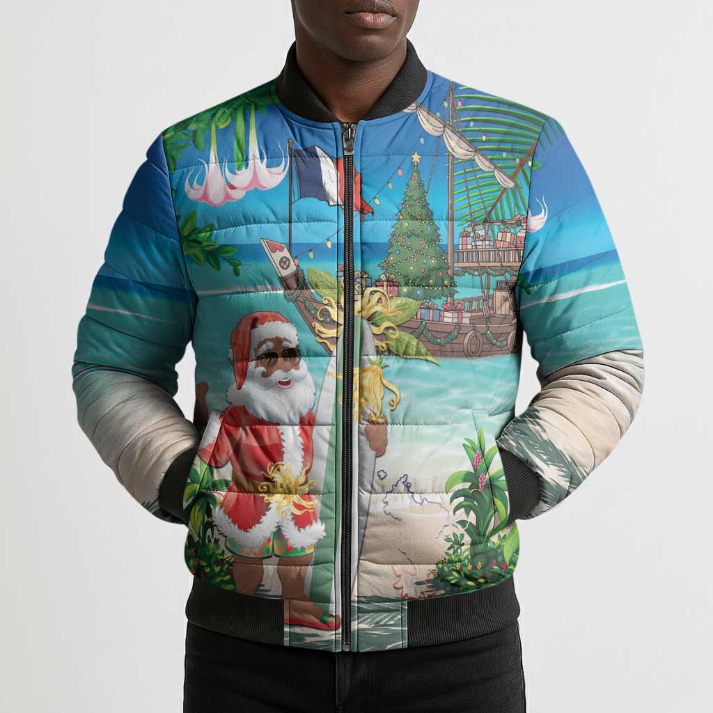 Mayotte Christmas Bomber Puffer Jacket Santa Chill on Tropical Beach