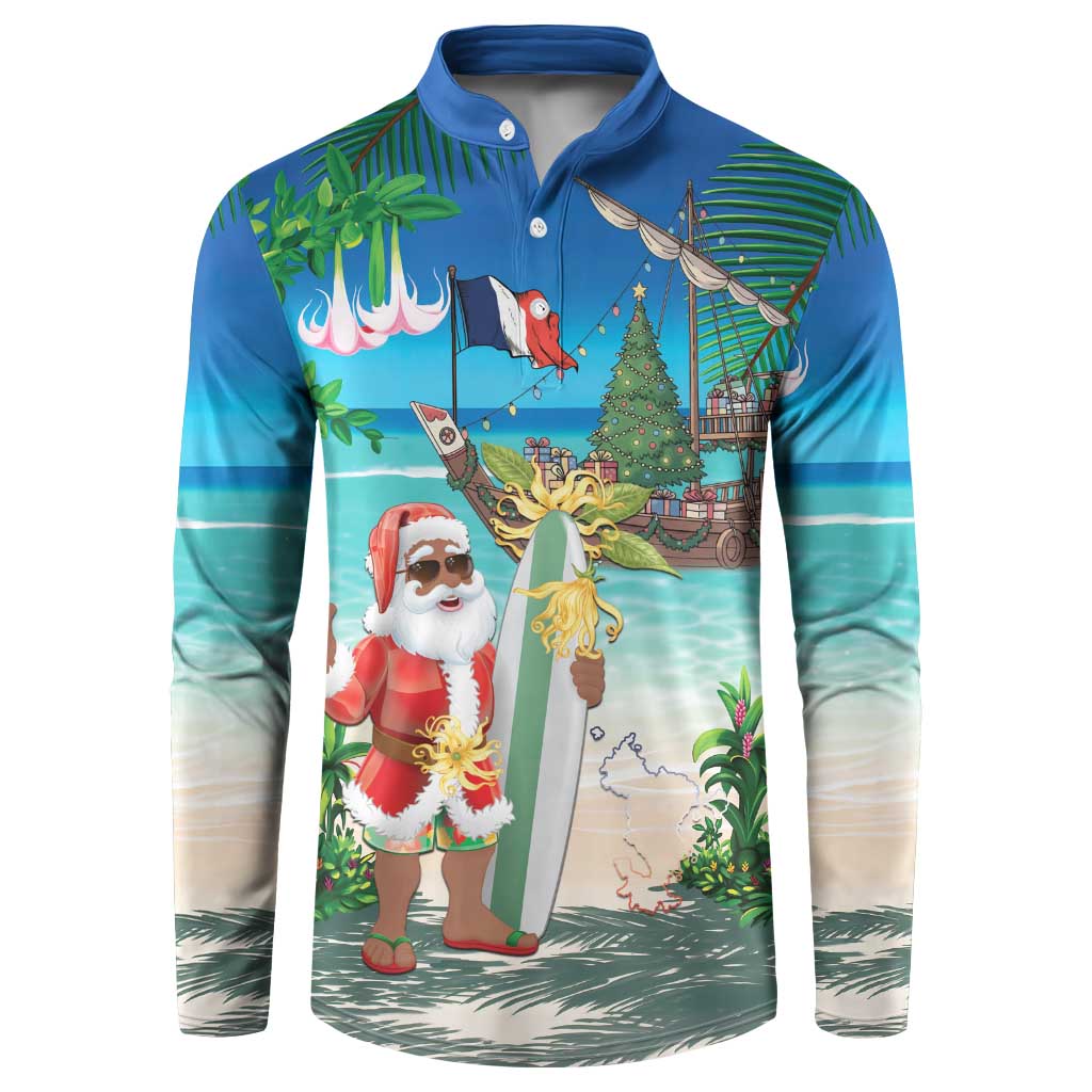 Mayotte Christmas Button Sweatshirt Santa Chill on Tropical Beach