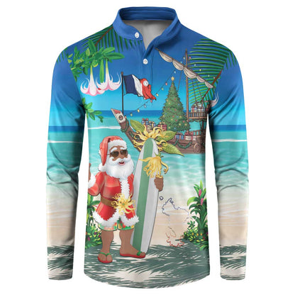Mayotte Christmas Button Sweatshirt Santa Chill on Tropical Beach