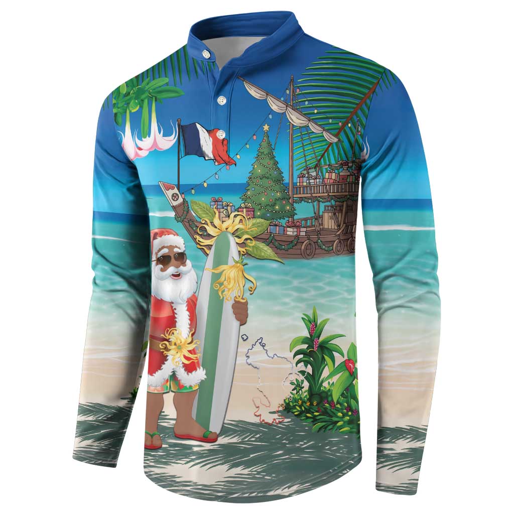 Mayotte Christmas Button Sweatshirt Santa Chill on Tropical Beach