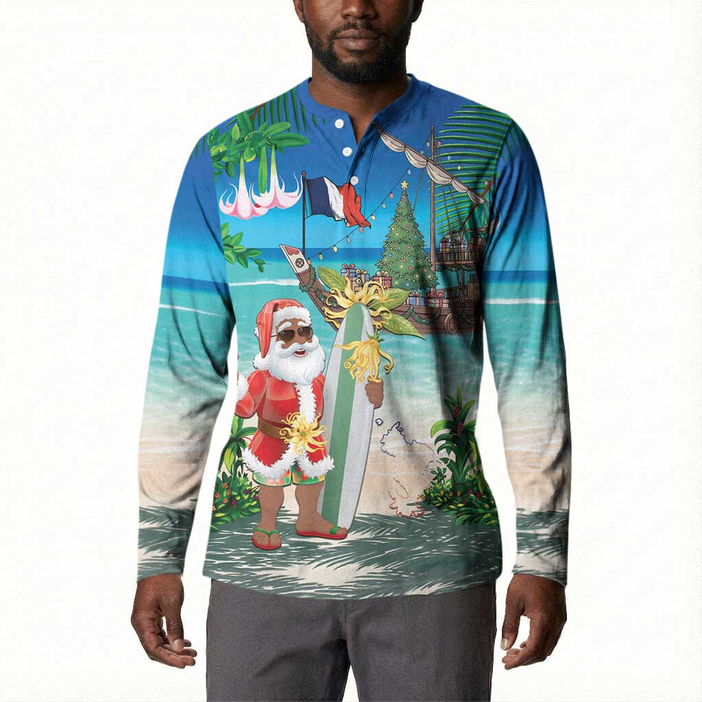 Mayotte Christmas Button Sweatshirt Santa Chill on Tropical Beach