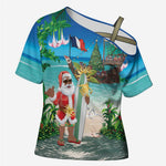 Mayotte Christmas Cross Shoulder Shirt Santa Chill on Tropical Beach