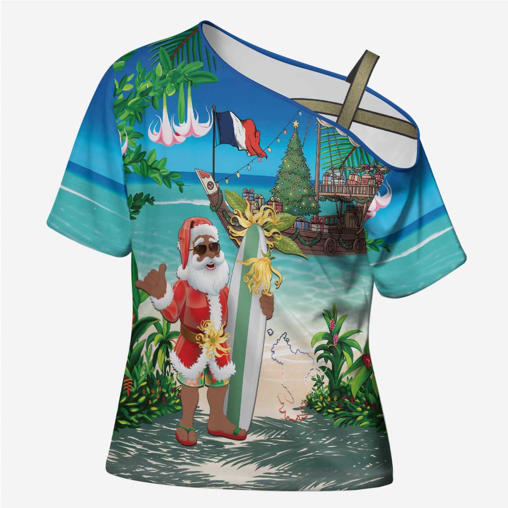 Mayotte Christmas Cross Shoulder Shirt Santa Chill on Tropical Beach