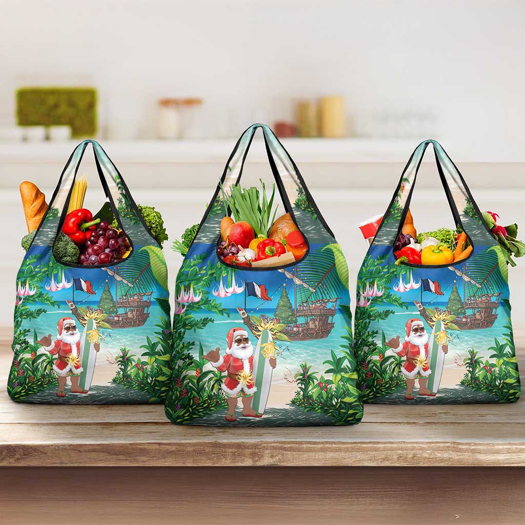 Afro Christmas in Mayotte Grocery Bag Santa Chill on Tropical Beach - African Pride