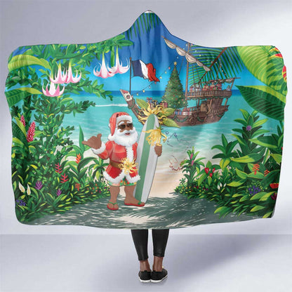 Afro Christmas in Mayotte Hooded Blanket Santa Chill on Tropical Beach - African Pride