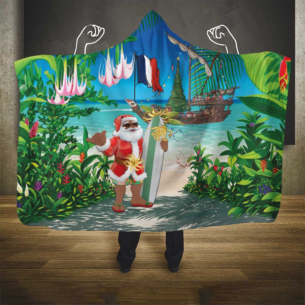 Afro Christmas in Mayotte Hooded Blanket Santa Chill on Tropical Beach - African Pride