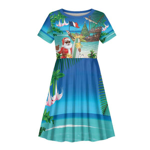 Afro Christmas in Mayotte Kid Short Sleeve Dress Santa Chill on Tropical Beach - African Pride