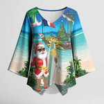 Mayotte Christmas Kimono Sleeve Blouse Santa Chill on Tropical Beach