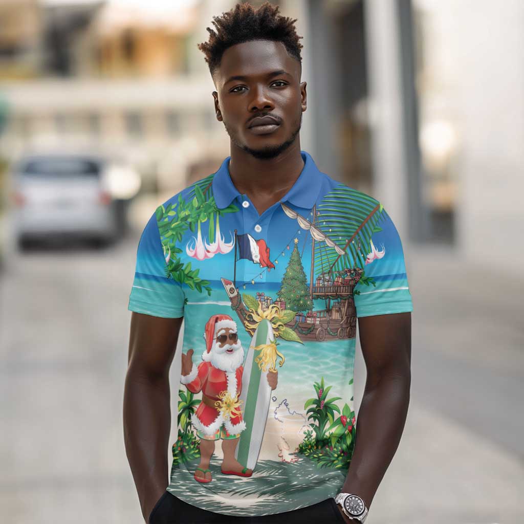 Afro Christmas in Mayotte Polo Shirt Santa Chill on Tropical Beach - African Pride