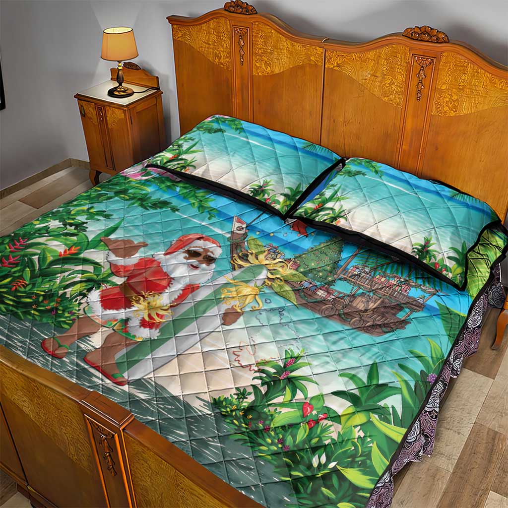 Afro Christmas in Mayotte Quilt Bed Set Santa Chill on Tropical Beach - African Pride