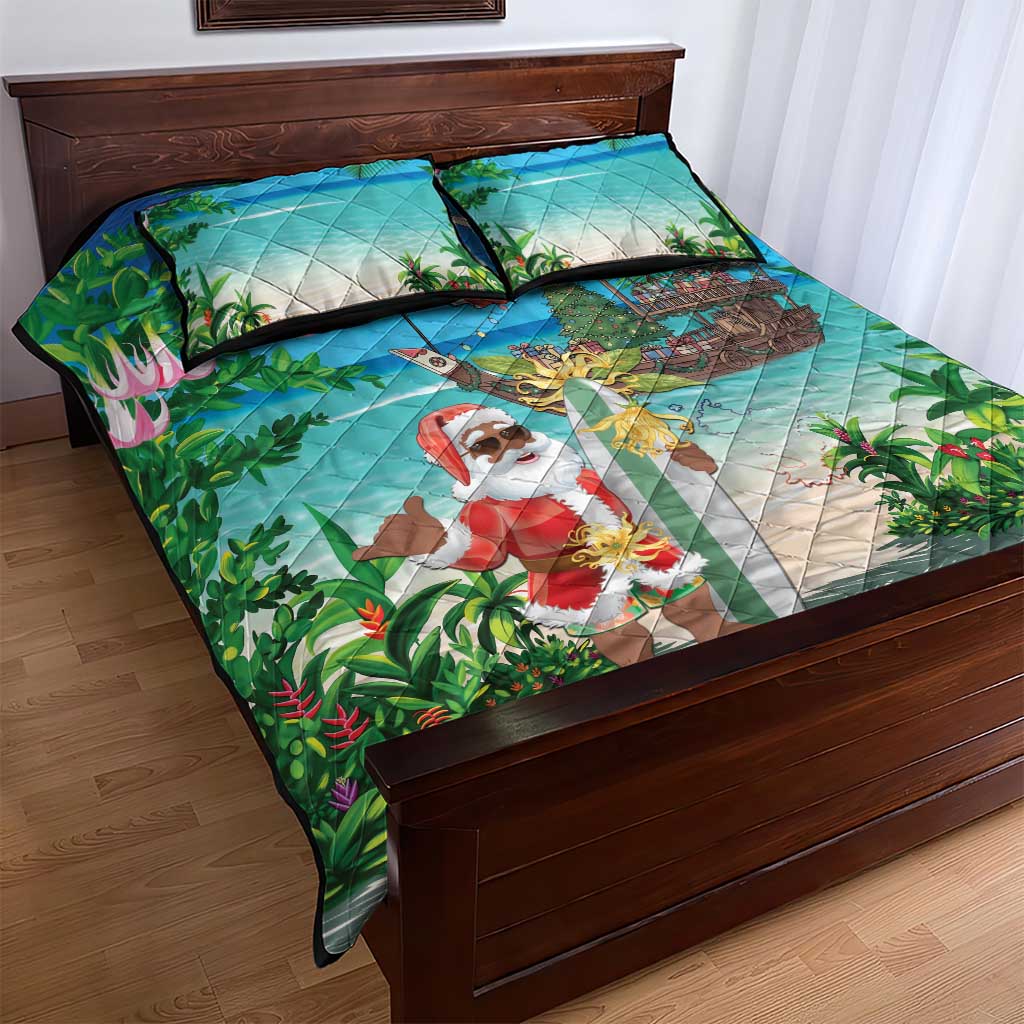 Afro Christmas in Mayotte Quilt Bed Set Santa Chill on Tropical Beach - African Pride