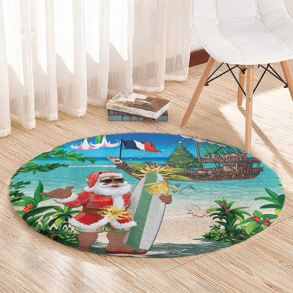 Afro Christmas in Mayotte Round Carpet Santa Chill on Tropical Beach - African Pride