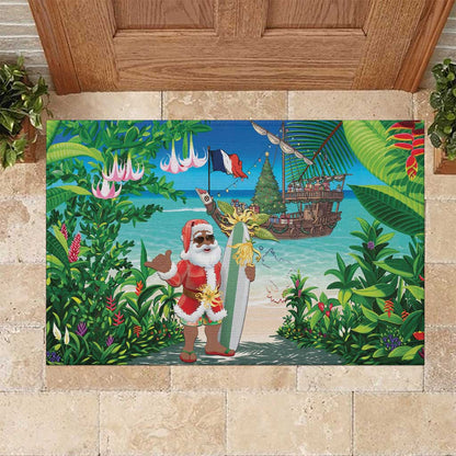 Afro Christmas in Mayotte Rubber Doormat Santa Chill on Tropical Beach - African Pride