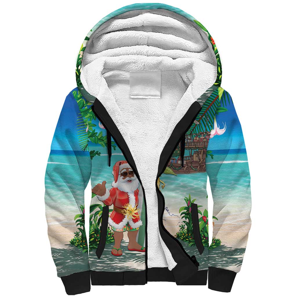Afro Christmas in Mayotte Sherpa Hoodie Santa Chill on Tropical Beach - African Pride