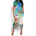 Afro Christmas in Mayotte Short Sleeve Bodycon Dress Santa Chill on Tropical Beach - African Pride