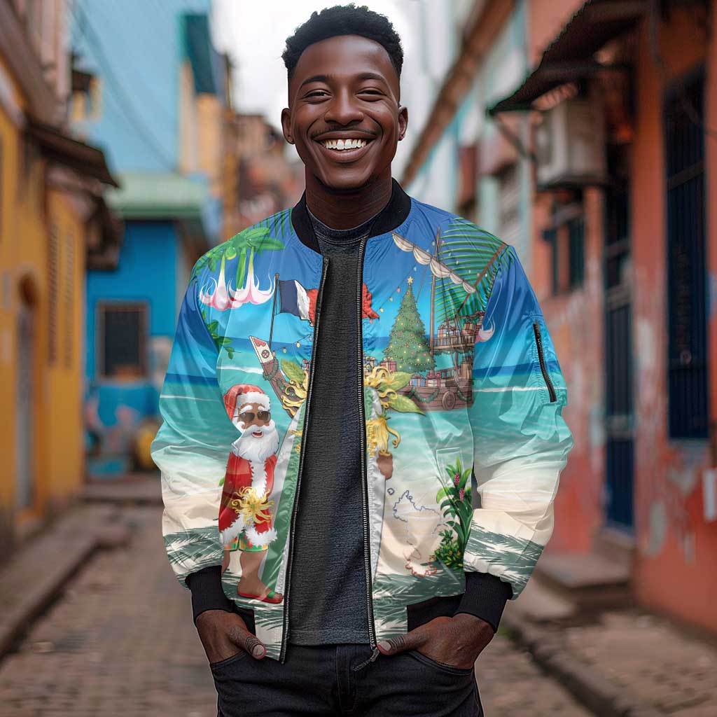 Afro Christmas in Mayotte Sleeve Zip Bomber Jacket Santa Chill on Tropical Beach - African Pride