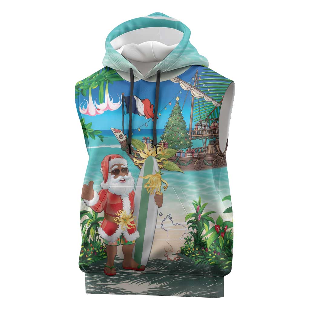Afro Christmas in Mayotte Sleeveless Hoodie Santa Chill on Tropical Beach - African Pride