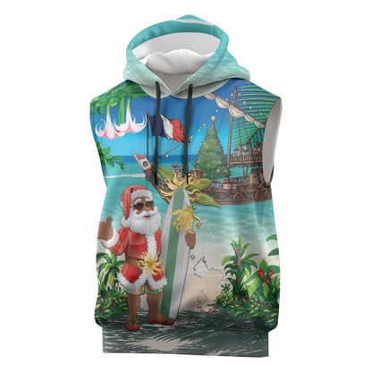 Afro Christmas in Mayotte Sleeveless Hoodie Santa Chill on Tropical Beach - African Pride