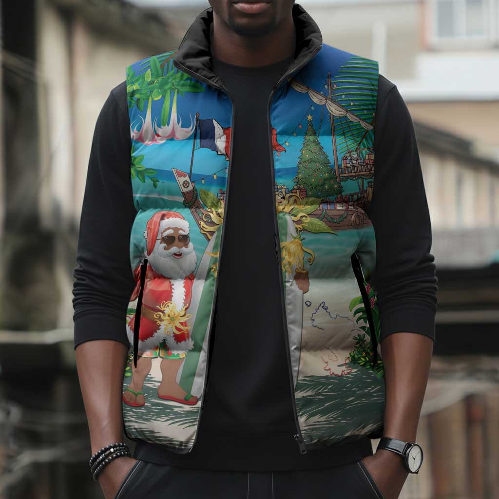 Mayotte Christmas Sleeveless Puffer Jacket Santa Chill on Tropical Beach