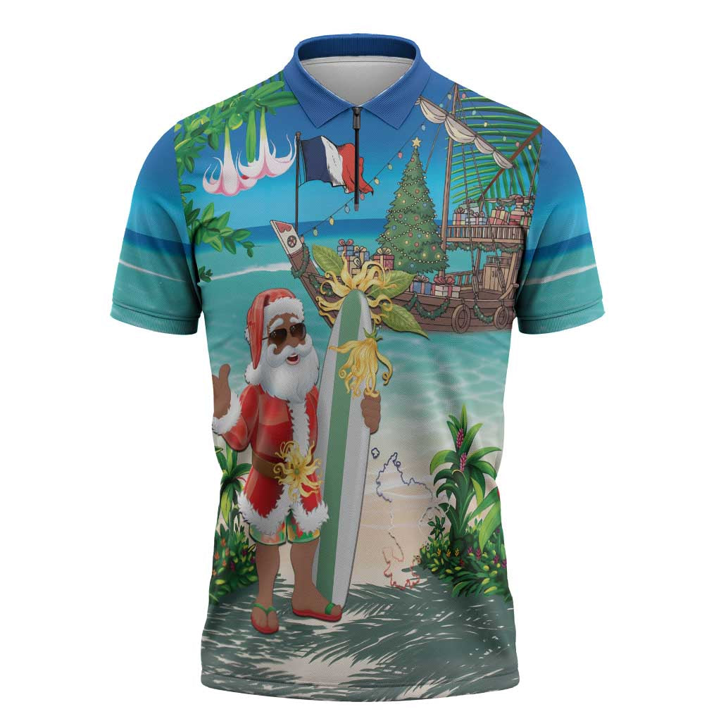 Mayotte Christmas Zipper Polo Shirt Santa Chill on Tropical Beach