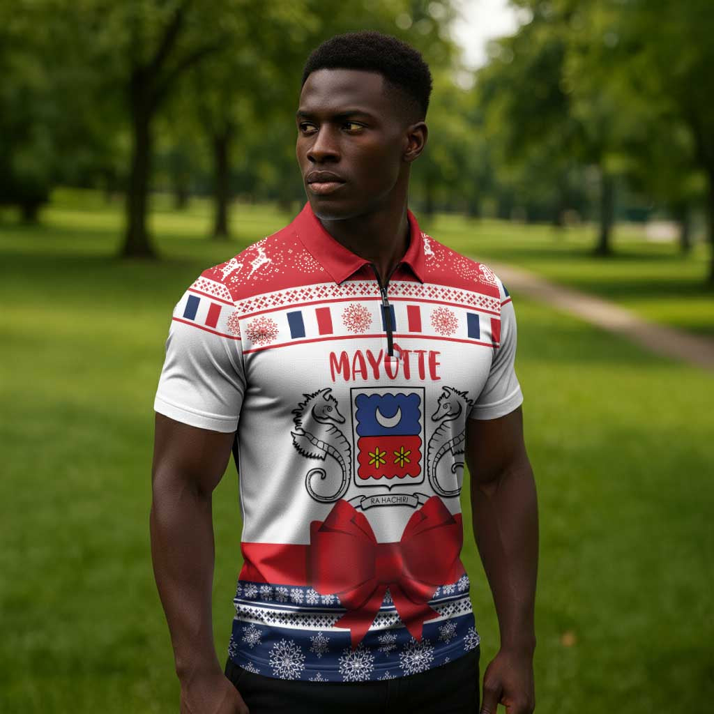 Personalized Mayotte Christmas Zipper Polo Shirt Joyeux Noel