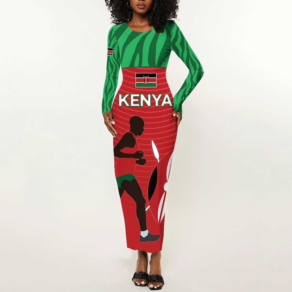 Custom Afro Athletics Kenya Long Sleeve Bodycon Dress Kenyan Runner - Maasai Shield