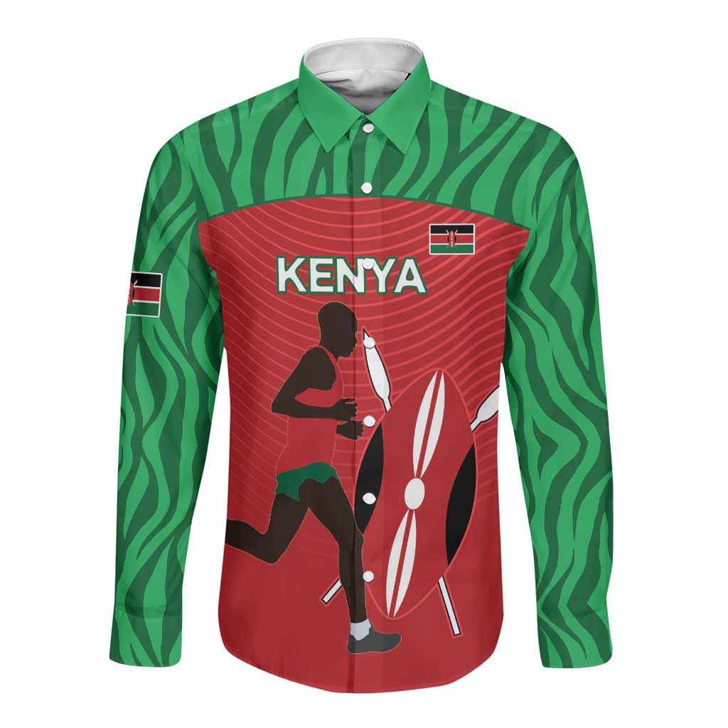 Custom Afro Athletics Kenya Long Sleeve Button Shirt Kenyan Runner - Maasai Shield