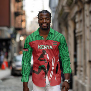 Custom Afro Athletics Kenya Long Sleeve Button Shirt Kenyan Runner - Maasai Shield