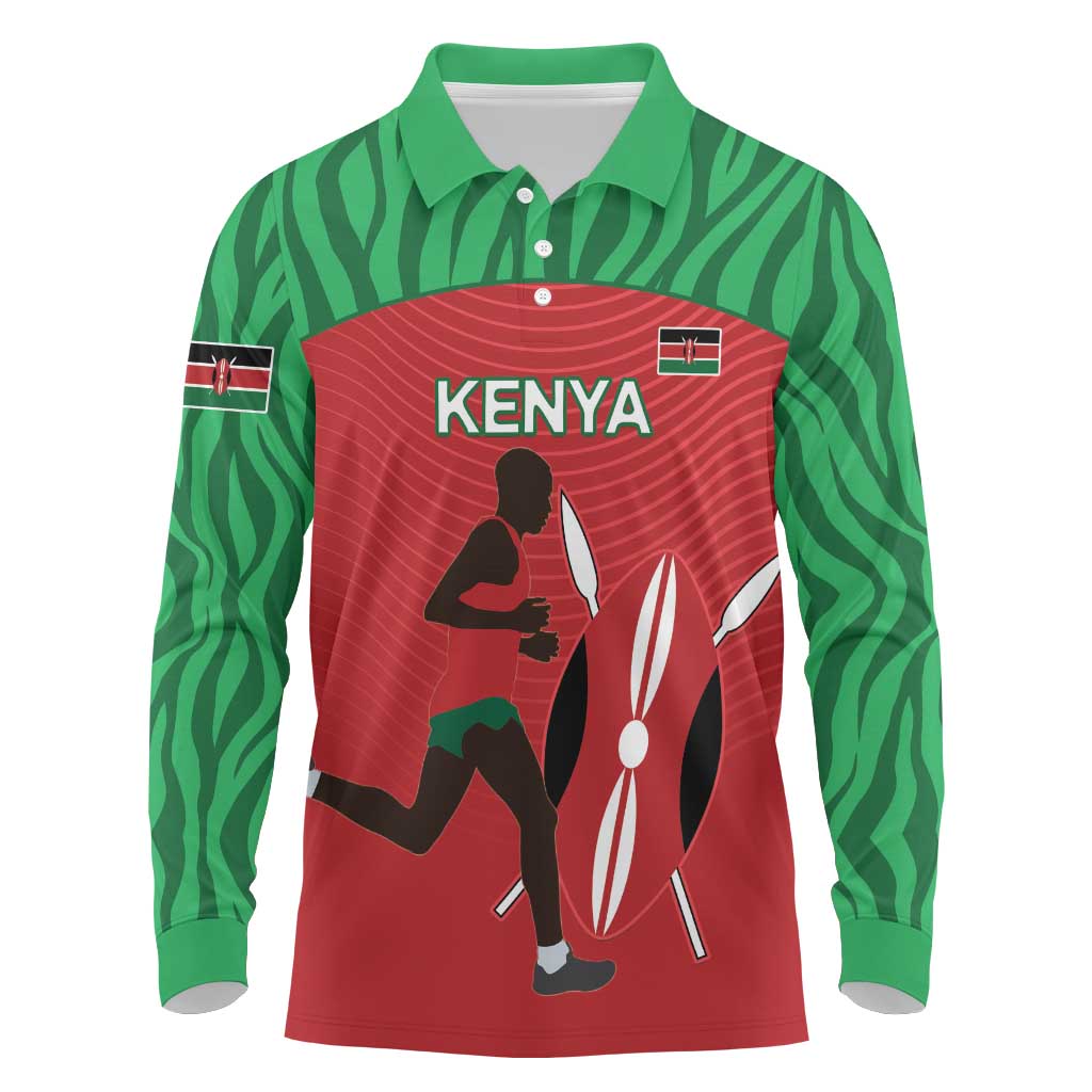 Custom Afro Athletics Kenya Long Sleeve Polo Shirt Kenyan Runner - Maasai Shield