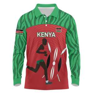 Custom Afro Athletics Kenya Long Sleeve Polo Shirt Kenyan Runner - Maasai Shield