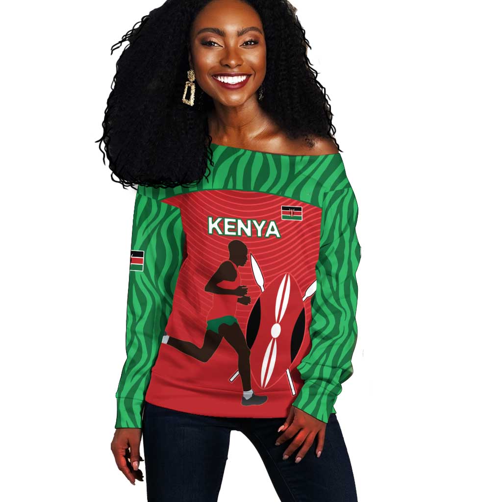 Custom Afro Athletics Kenya Off Shoulder Sweater Kenyan Runner - Maasai Shield