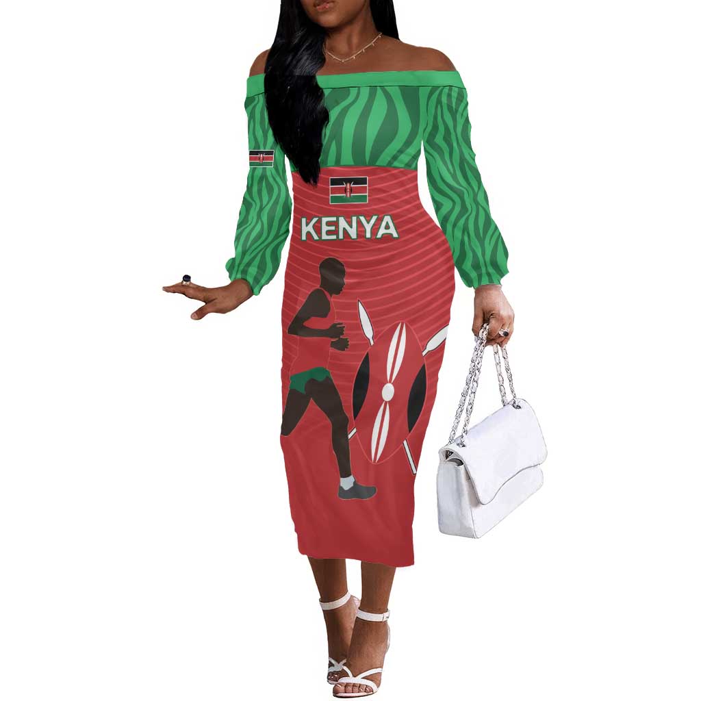 Custom Afro Athletics Kenya Off The Shoulder Long Sleeve Dress Kenyan Runner - Maasai Shield