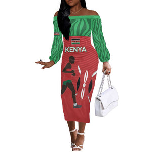 Custom Afro Athletics Kenya Off The Shoulder Long Sleeve Dress Kenyan Runner - Maasai Shield