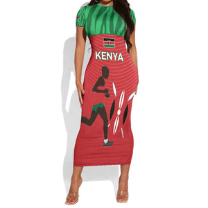 Custom Afro Athletics Kenya Short Sleeve Bodycon Dress Kenyan Runner - Maasai Shield