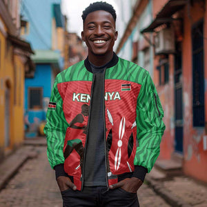 Custom Afro Athletics Kenya Sleeve Zip Bomber Jacket Kenyan Runner - Maasai Shield