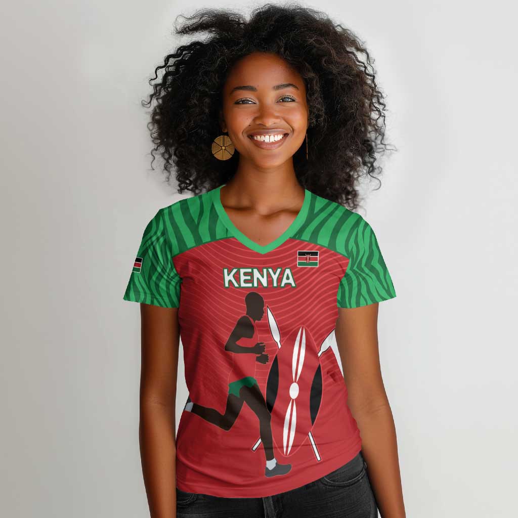 Custom Afro Athletics Kenya Women V-Neck T-Shirt Kenyan Runner - Maasai Shield