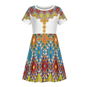 Happy Ethiopian Timkat Kid Short Sleeve Dress Cross Mix Tilet Pattern