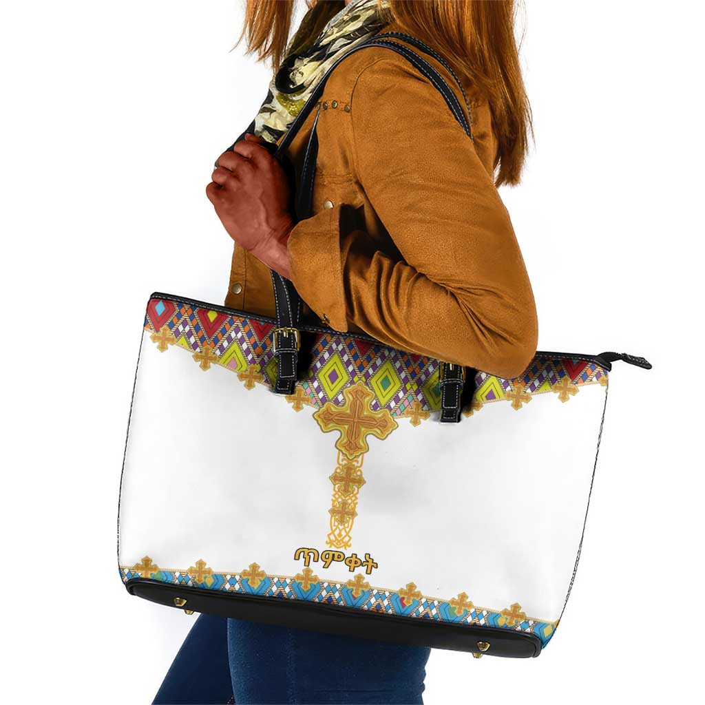 Happy Ethiopian Timkat Leather Tote Bag Cross Mix Tilet Pattern