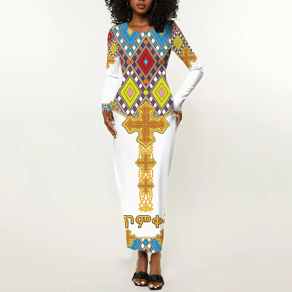 Happy Ethiopian Timkat Long Sleeve Bodycon Dress Cross Mix Tilet Pattern