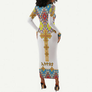 Happy Ethiopian Timkat Long Sleeve Bodycon Dress Cross Mix Tilet Pattern