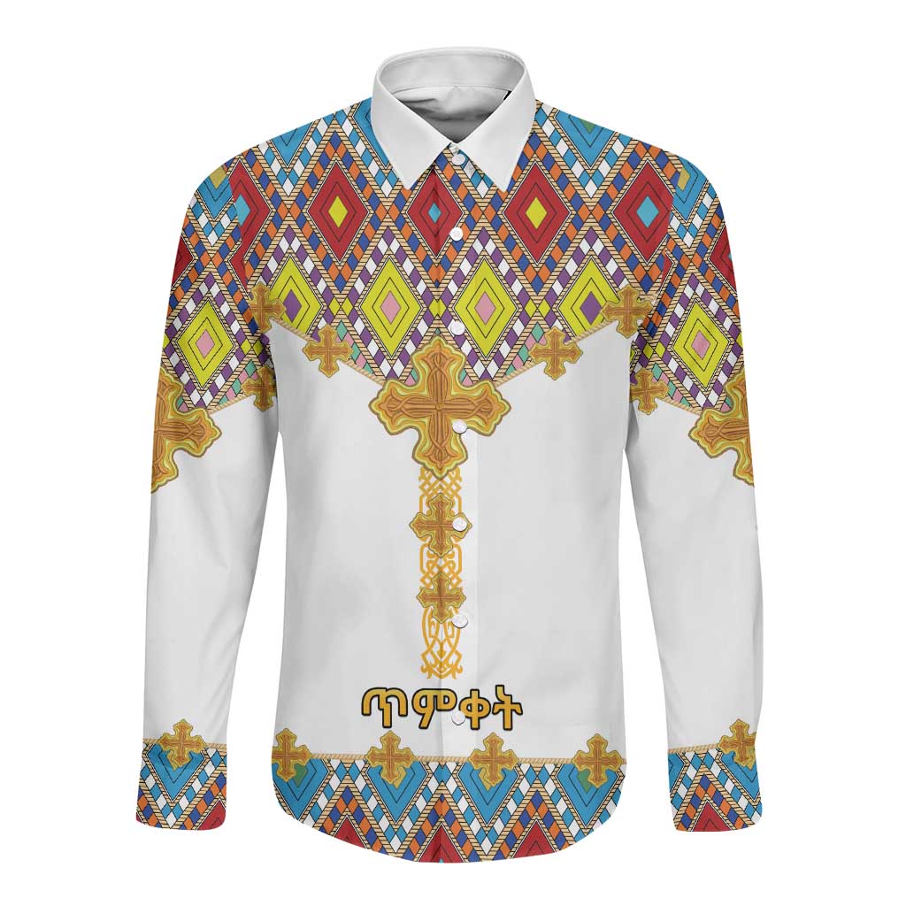 Happy Ethiopian Timkat Long Sleeve Button Shirt Cross Mix Tilet Pattern