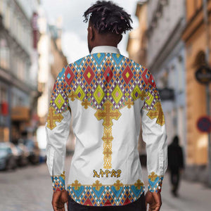 Happy Ethiopian Timkat Long Sleeve Button Shirt Cross Mix Tilet Pattern