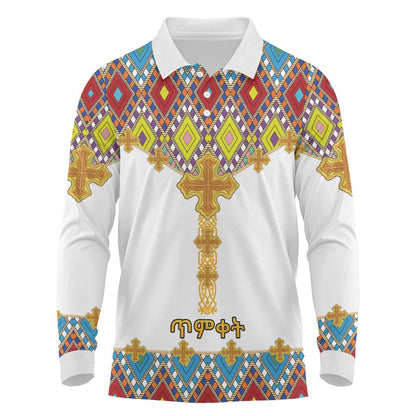 Happy Ethiopian Timkat Long Sleeve Polo Shirt Cross Mix Tilet Pattern