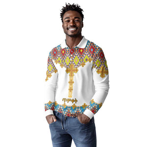 Happy Ethiopian Timkat Long Sleeve Polo Shirt Cross Mix Tilet Pattern